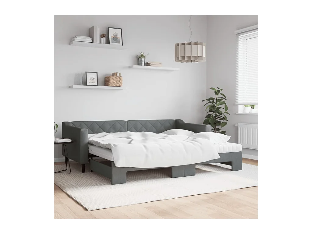 Lit de jour avec gigogne et matelas gris foncé 90x200 cm tissu