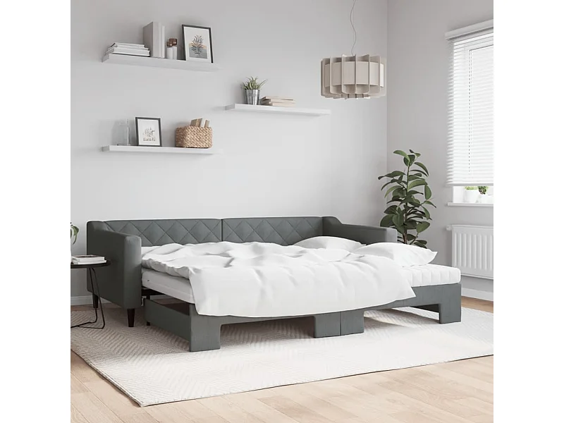 Slaapbank onderschuifbed matrassen 90x200 cm stof donkergrijs