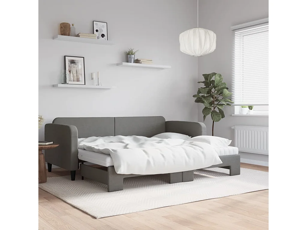 Lit de jour avec gigogne et matelas gris foncé 90x190 cm tissu