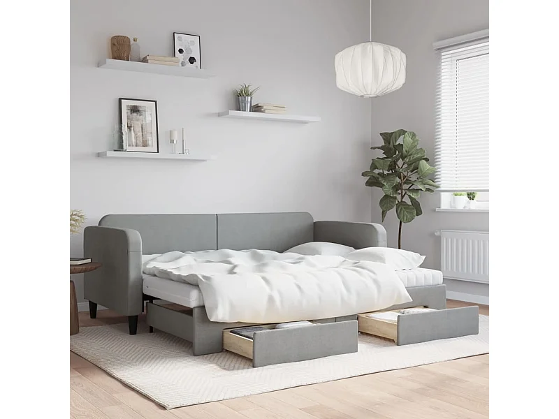 Tagesbett Ausziehbar mit Schubladen Hellgrau 80x200 cm Stoff