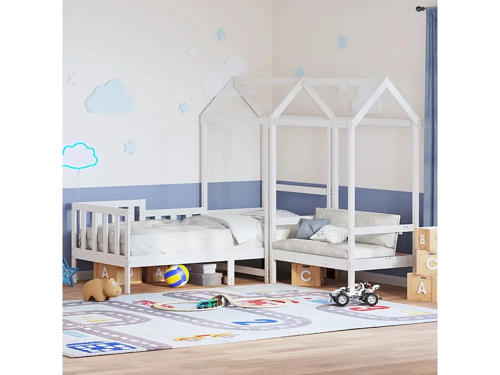 Ensemble de lit de jour et de banc avec toit sans matelas blanc