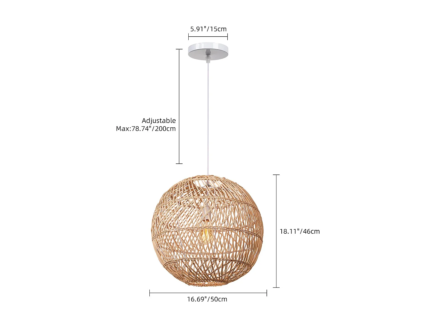 Lustre arturesthome en bambou avec abat-jour en forme de boule pendentif de plafond e27 pour salle à manger home, 50 cm x h46 cm