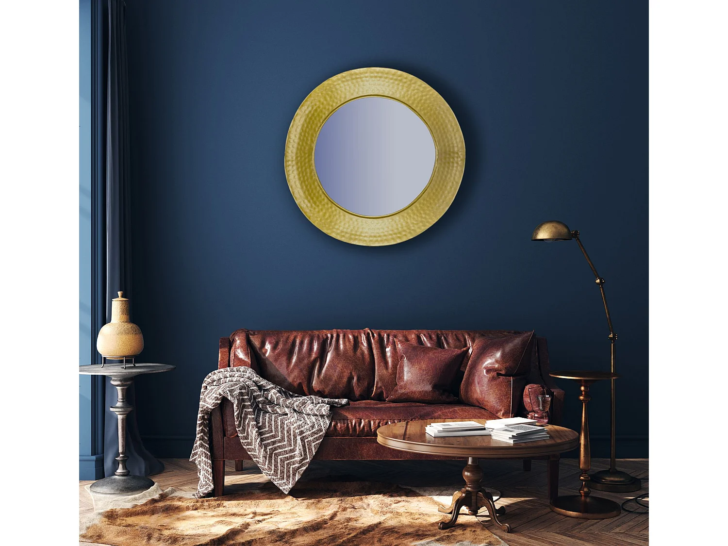 Miroir Murale Métal 60 cm Mur Couloir Grand Doré Rond Cadre Martelé