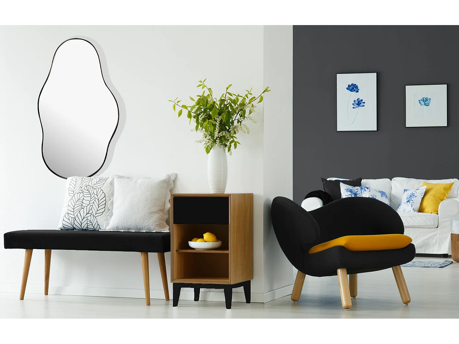 Miroir Murale Métal 40x80 cm Miroir Mur Couloir Grand Noir Asymétrique