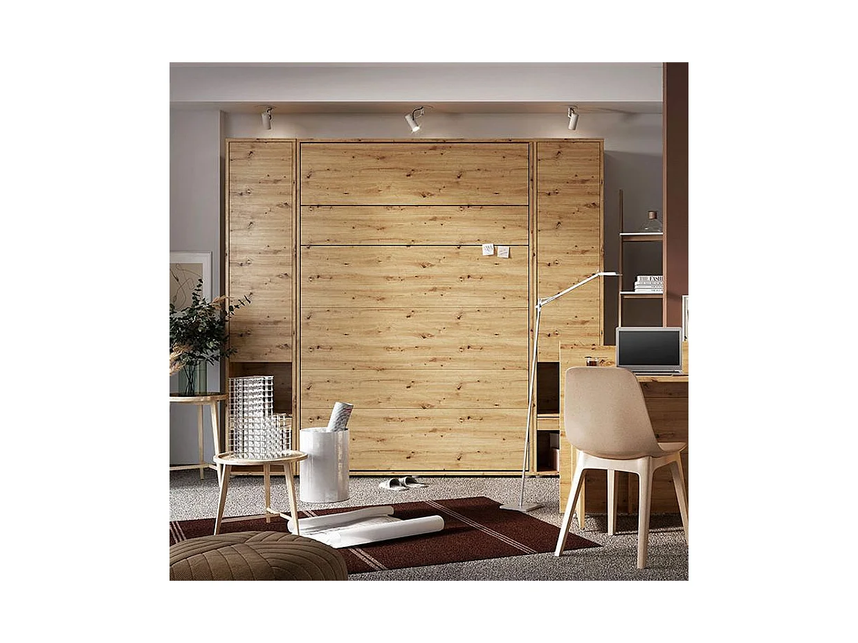 Lit escamotable horizontal avec étagères chêne artisan Noby 120x200-Avec matelas-Avec Led et 2 veilleuses