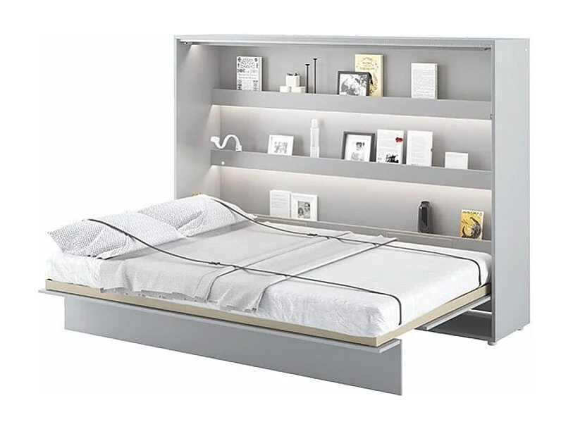Lit escamotable horizontal avec étagères gris mat Noby 140x200-Avec matelas-Avec Led et 2 veilleuses