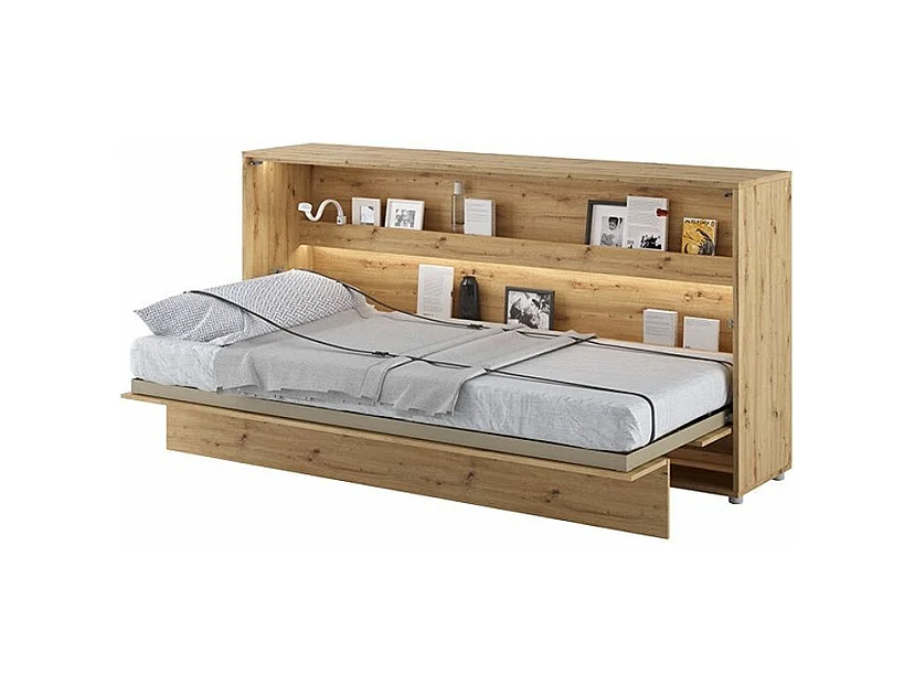 Lit escamotable horizontal avec étagères chêne artisan Noby 90x200-Avec Led sans veilleuses