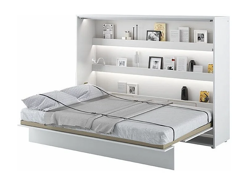 Lit escamotable horizontal avec étagères blanc mat Noby 140x200-Avec Led sans veilleuses
