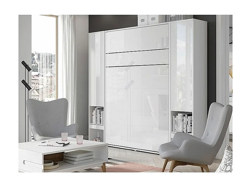 Lit escamotable vertical blanc mat avec 2 armoires de rangement Noby-Avec Led-140x200