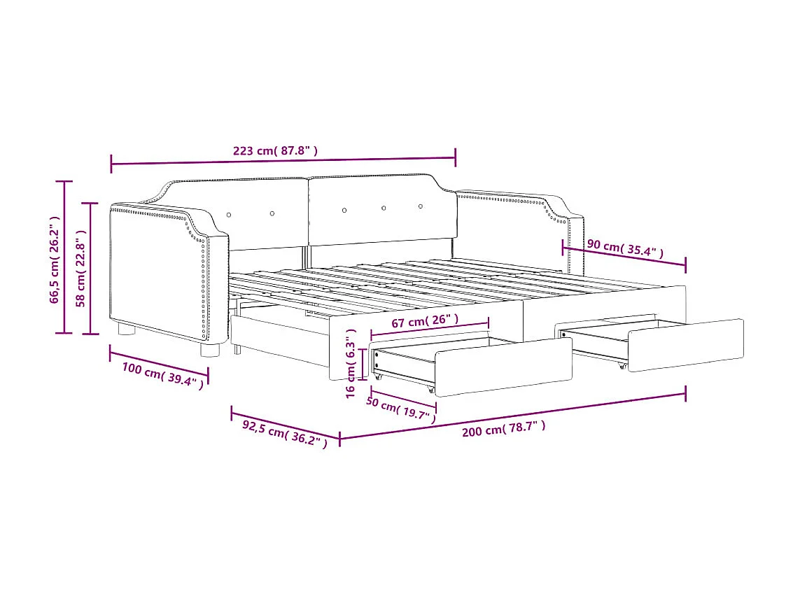 Lit de jour avec gigogne et tiroirs sans matelas taupe 90x200cm