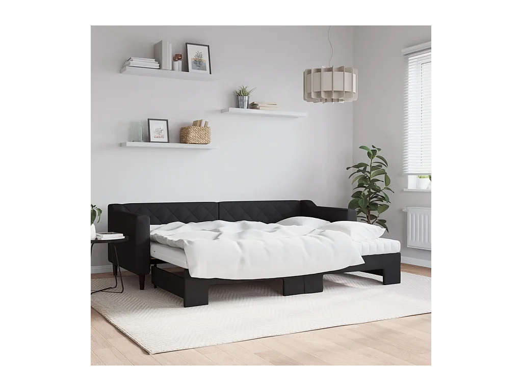 Lit de jour avec lit gigogne et matelas noir 80x200 cm tissu