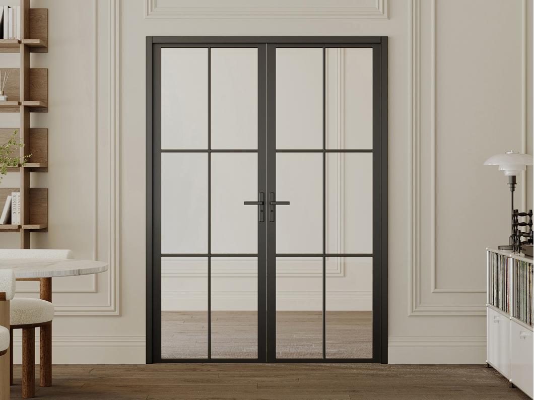 Drzwi kompletne 2-skrzydłowe z aluminium i szkła hartowanego - 2 x wys. 204 x szer. 93 cm - Czarny - SEROTO