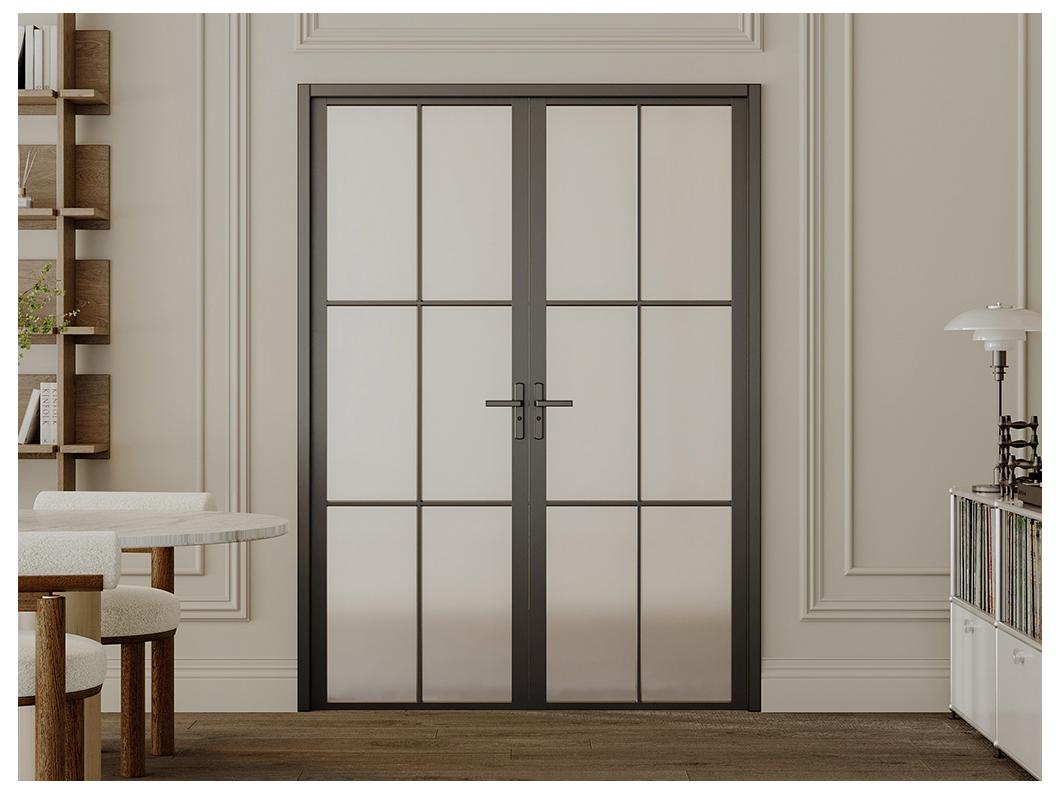 Drzwi kompletne 2-skrzydłowe z aluminium i matowego szkła - 2 x wys. 204 x szer. 73 cm - Czarny - SEROTO