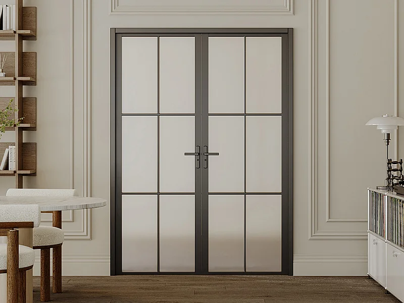 Omkeerbare dubbele deur van aluminium en mat glas - 2 x H204 x B93 cm - Zwart - SEROTO