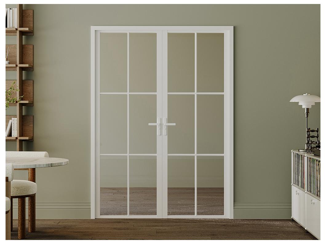 Drzwi kompletne 2-skrzydłowe dwustronne z aluminium i szkła hartowanego - Biały - 2 x wys. 204 x szer. 73 cm - SEROTO