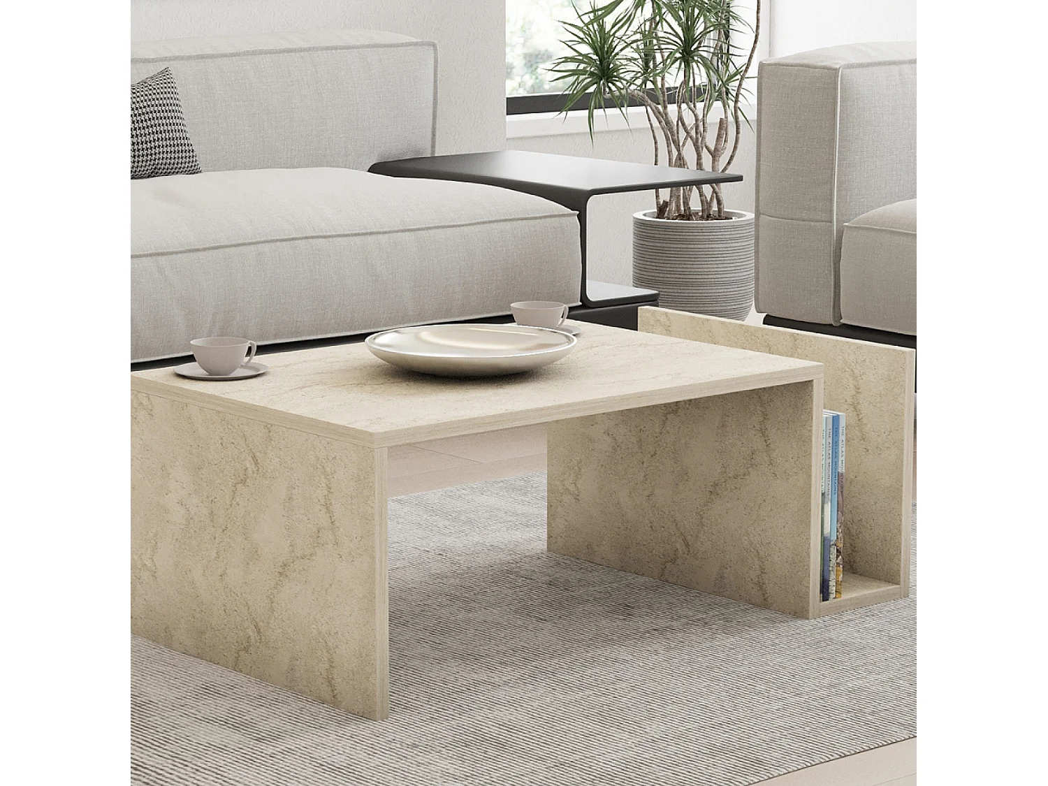 Mesa baja de madera efecto piedra con revistero MELMO