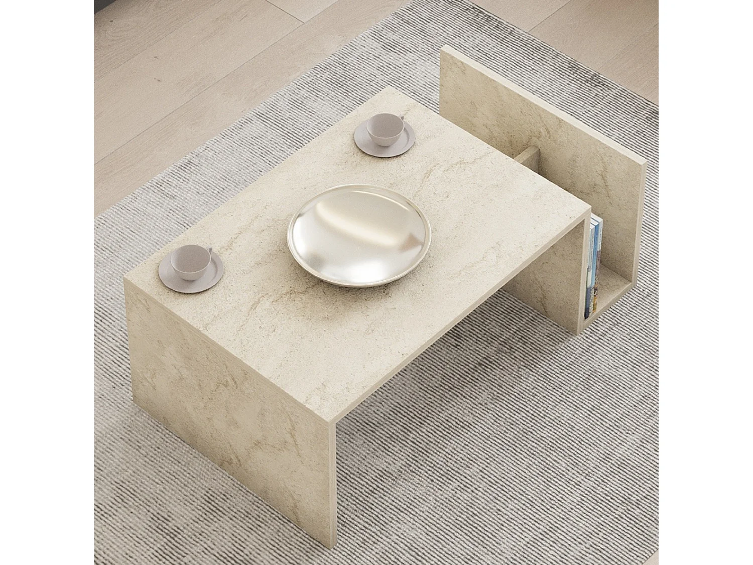 Mesa baja de madera efecto piedra con revistero MELMO