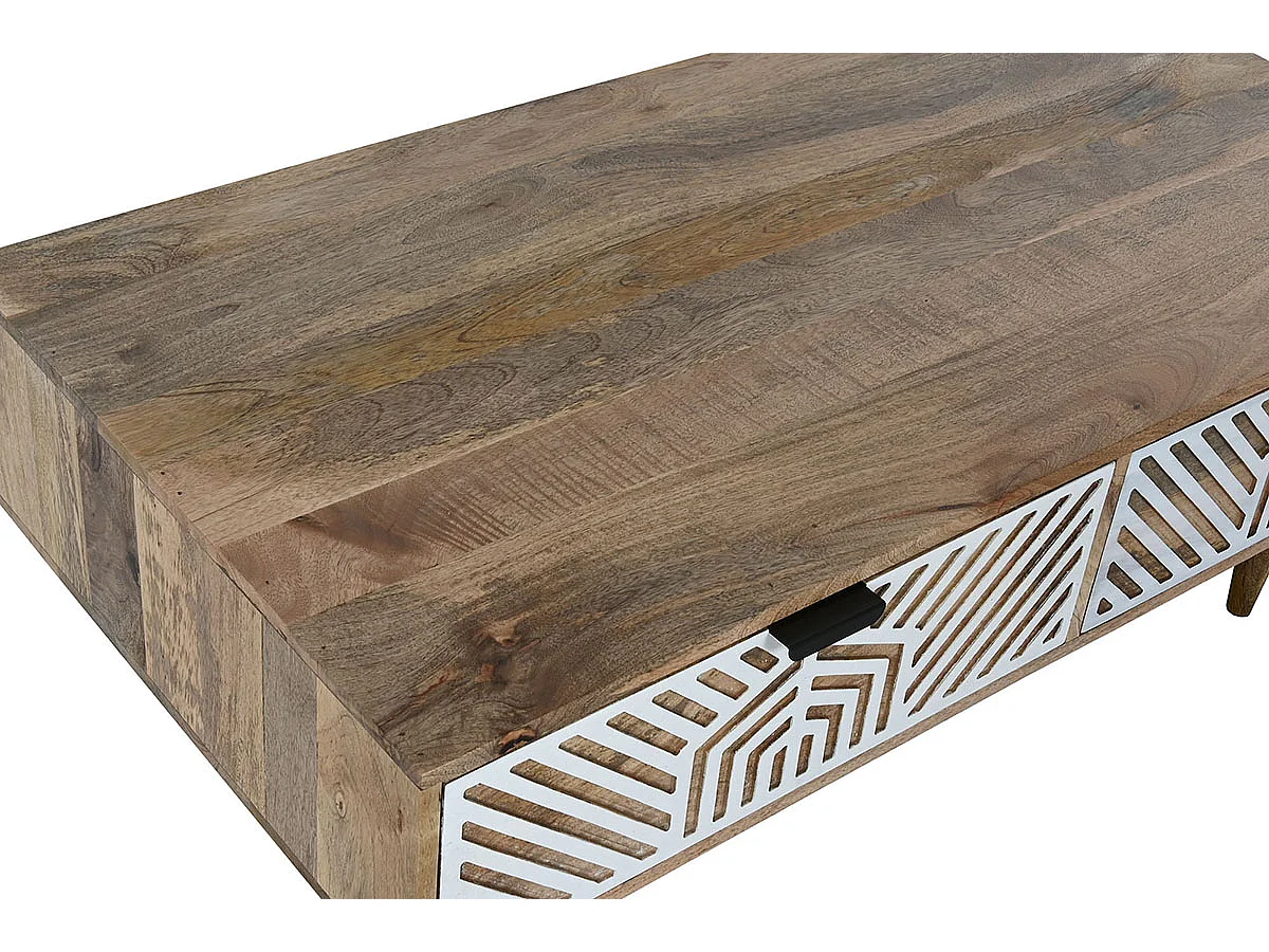 Table basse, table de salon en bois de manguier coloris naturel, blanc  - longueur 115 x profondeur 60 x Hauteur 40 cm