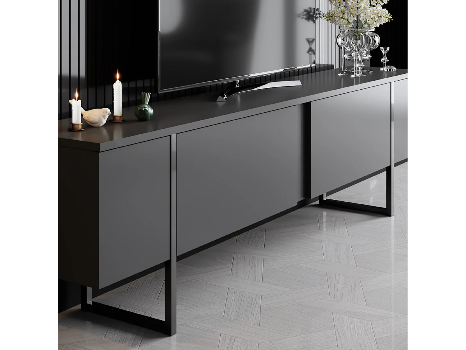 TV-meubel Antraciet en Zwart 2 Deuren 180cm LUXOR - Eigentijds Design