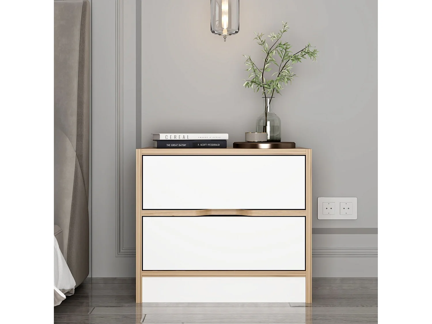 Table de chevet bois et blanc 2 tiroirs MOLDE