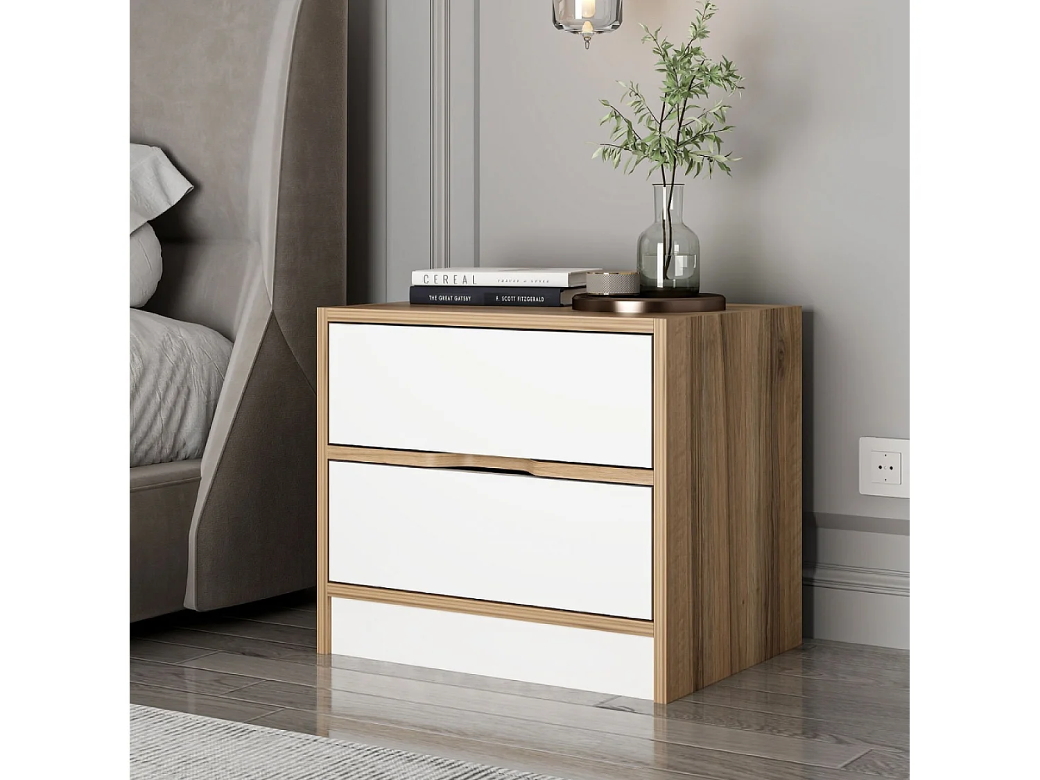 Table de chevet bois et blanc 2 tiroirs MOLDE