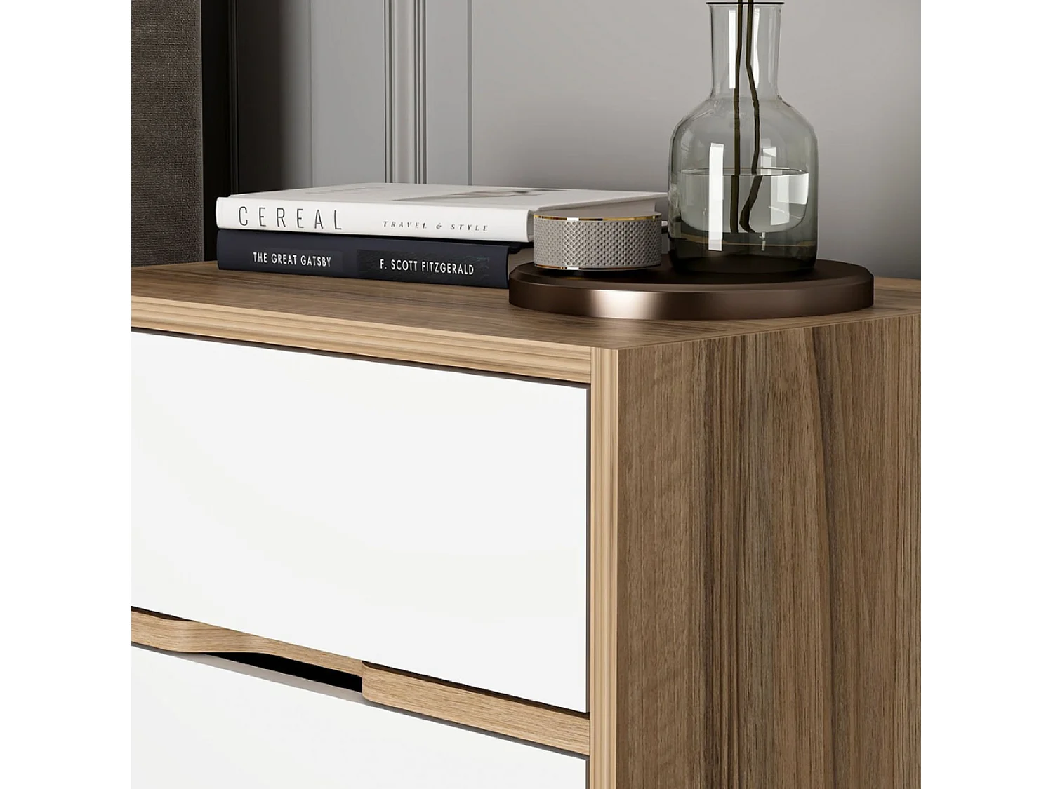 Table de chevet bois et blanc 2 tiroirs MOLDE