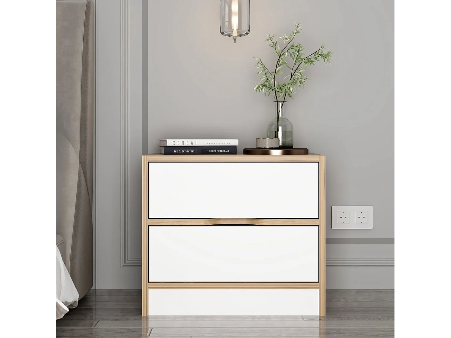 Table de chevet bois et blanc 2 tiroirs MOLDE