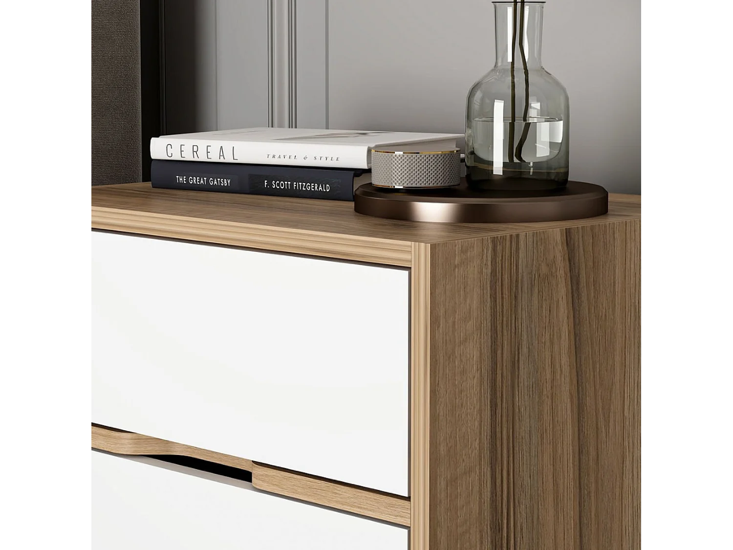 Table de chevet bois et blanc 2 tiroirs MOLDE