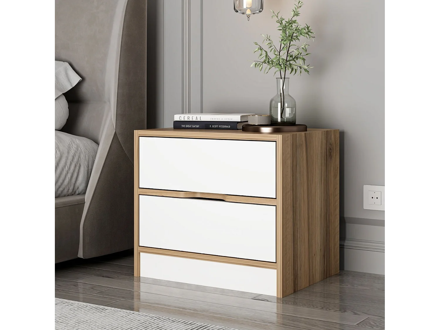 Table de chevet bois et blanc 2 tiroirs MOLDE