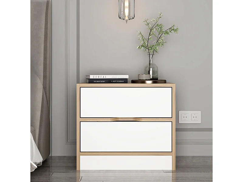 Table de chevet bois et blanc 2 tiroirs MOLDE