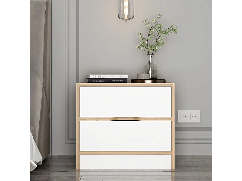 Table de chevet bois et blanc 2 tiroirs MOLDE