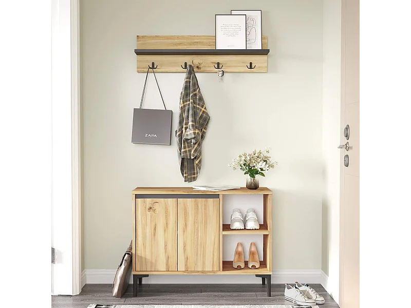 Scarpiera e Appendiabiti Rebecca Mobili Roka 68,5x90x35 Truciolato PVC Rovere Chiaro Grigio Scuro Moderno SET 2 pezzi