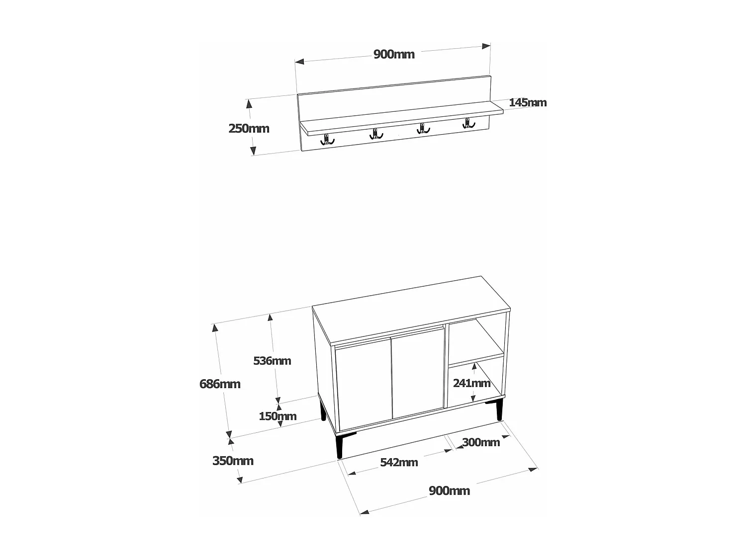 Scarpiera e Appendiabiti Rebecca Mobili Roka 68,5x90x35 Truciolato PVC Rovere Chiaro Grigio Scuro Moderno SET 2 pezzi