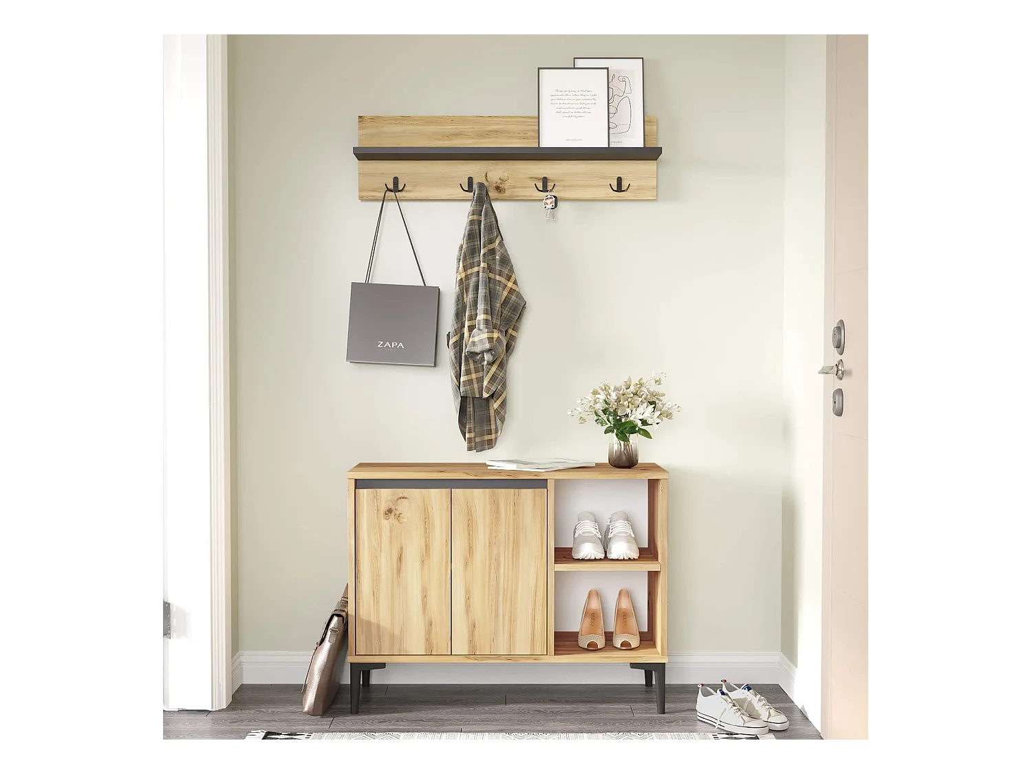 Porte-chaussures et manteaux Rebecca Mobili Roka 68,5x90x35 Panneau de particules PVC Chêne clair Gris Foncé Moderne SET 2 pcss
