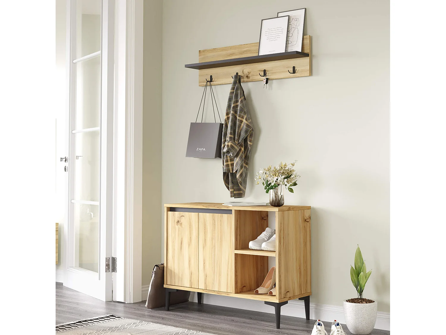 Porte-chaussures et manteaux Rebecca Mobili Roka 68,5x90x35 Panneau de particules PVC Chêne clair Gris Foncé Moderne SET 2 pcss