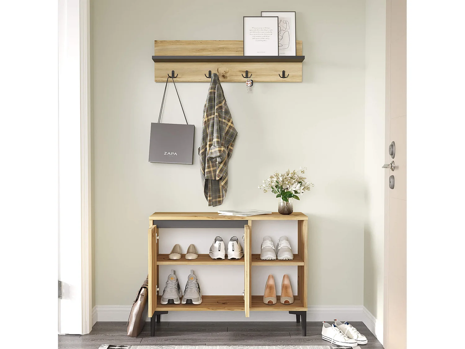 Porte-chaussures et manteaux Rebecca Mobili Roka 68,5x90x35 Panneau de particules PVC Chêne clair Gris Foncé Moderne SET 2 pcss