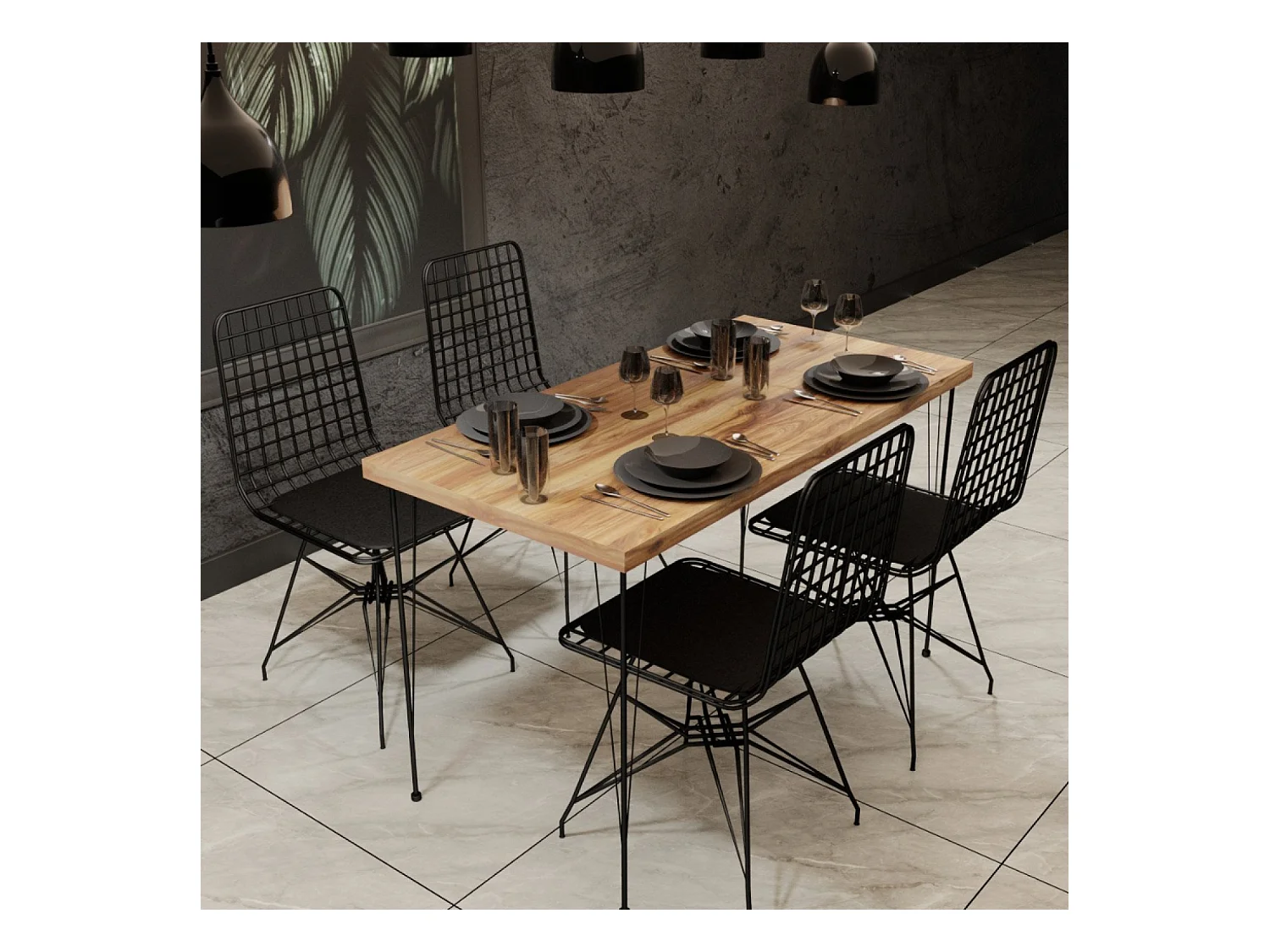 Ensemble repas table et chaises industriel bois et noir SQUARE