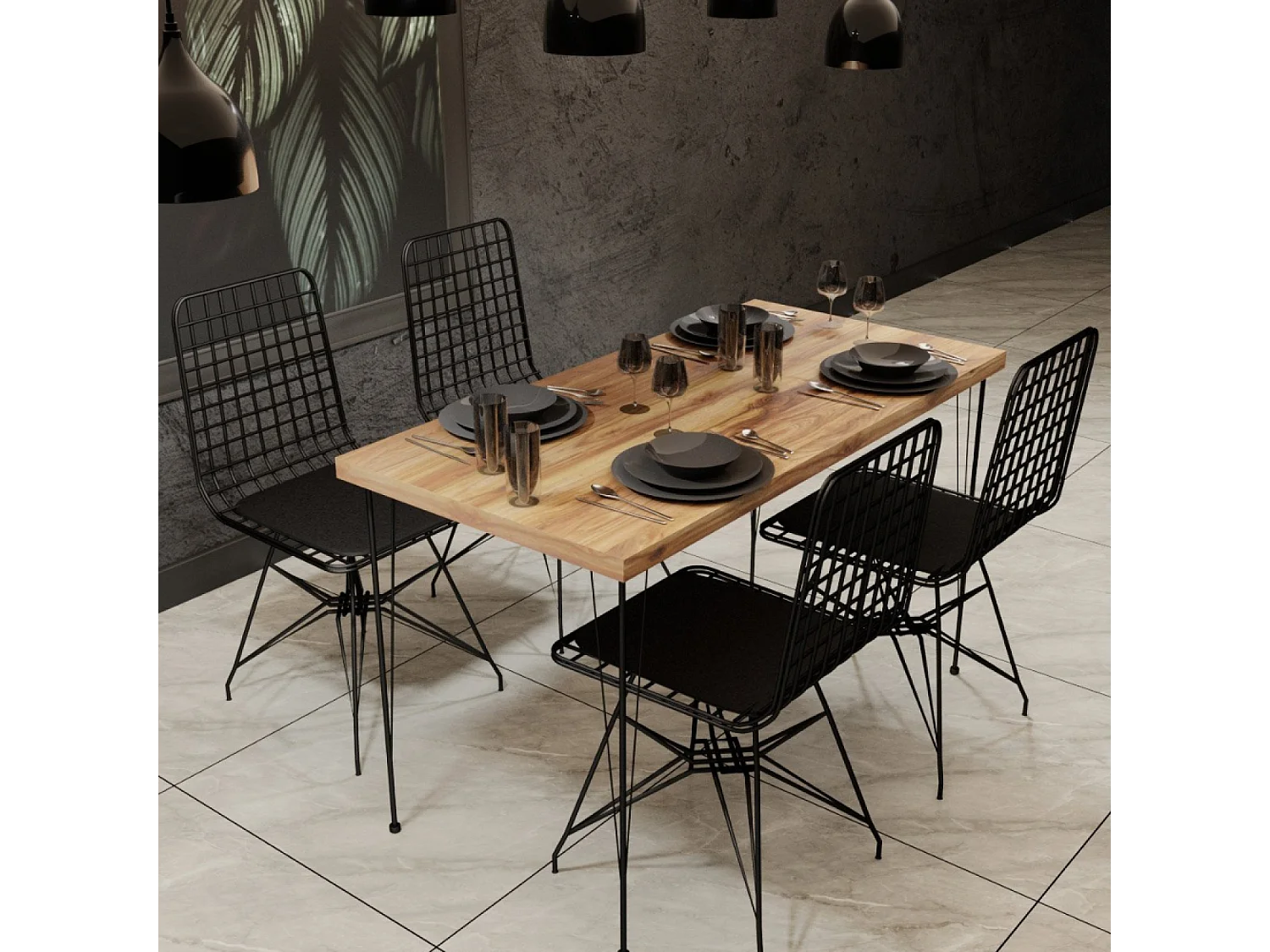 Ensemble repas table et chaises industriel bois et noir SQUARE