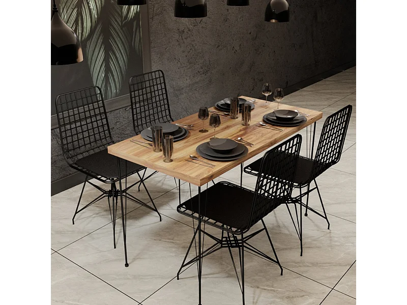 SQUARE - Ensemble repas table et chaises industriel bois et noir
