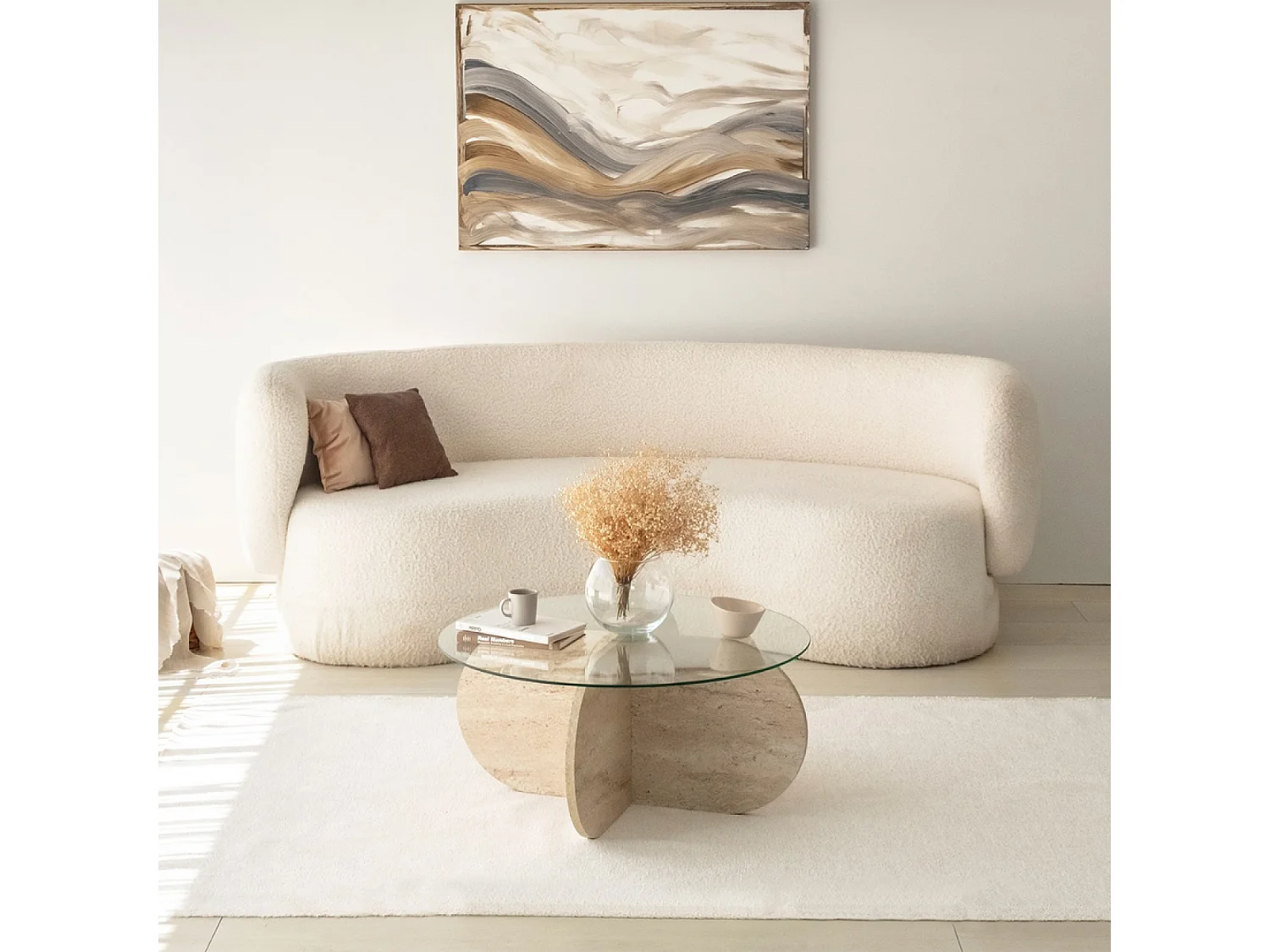 Mesa baja de madera efecto piedra y tablero de vidrio RIBE