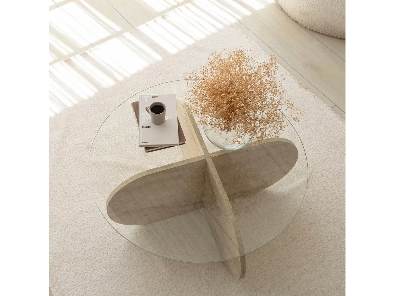 Mesa baja de madera efecto piedra y tablero de vidrio RIBE