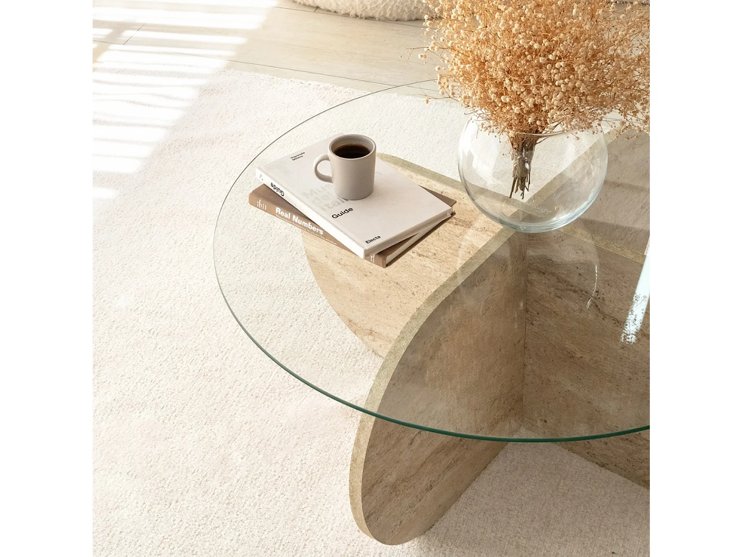 Mesa baja de madera efecto piedra y tablero de vidrio RIBE