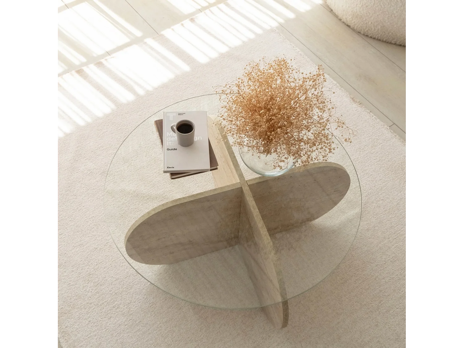 Mesa baja de madera efecto piedra y tablero de vidrio RIBE