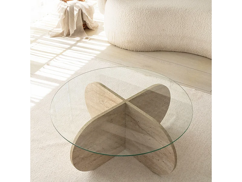 Table basse en bois effet pierre et plateau en verre RIBE