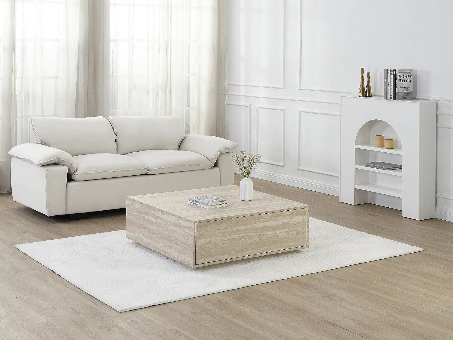 Table basse avec 2 tiroirs en MDF - Effet travertin beige - ANTRIM de Pascal Morabito