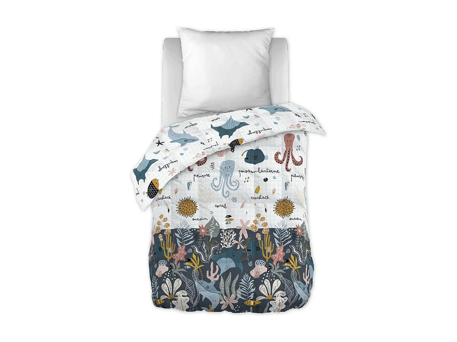 NEMO - Couette Imprimée Motifs Océan 140x200 cm + 1 Taie d'oreiller 60x60 cm