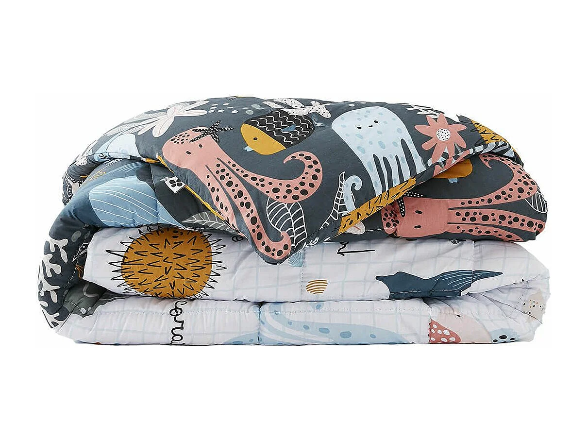 NEMO - Couette Imprimée Motifs Océan 140x200 cm + 1 Taie d'oreiller 60x60 cm