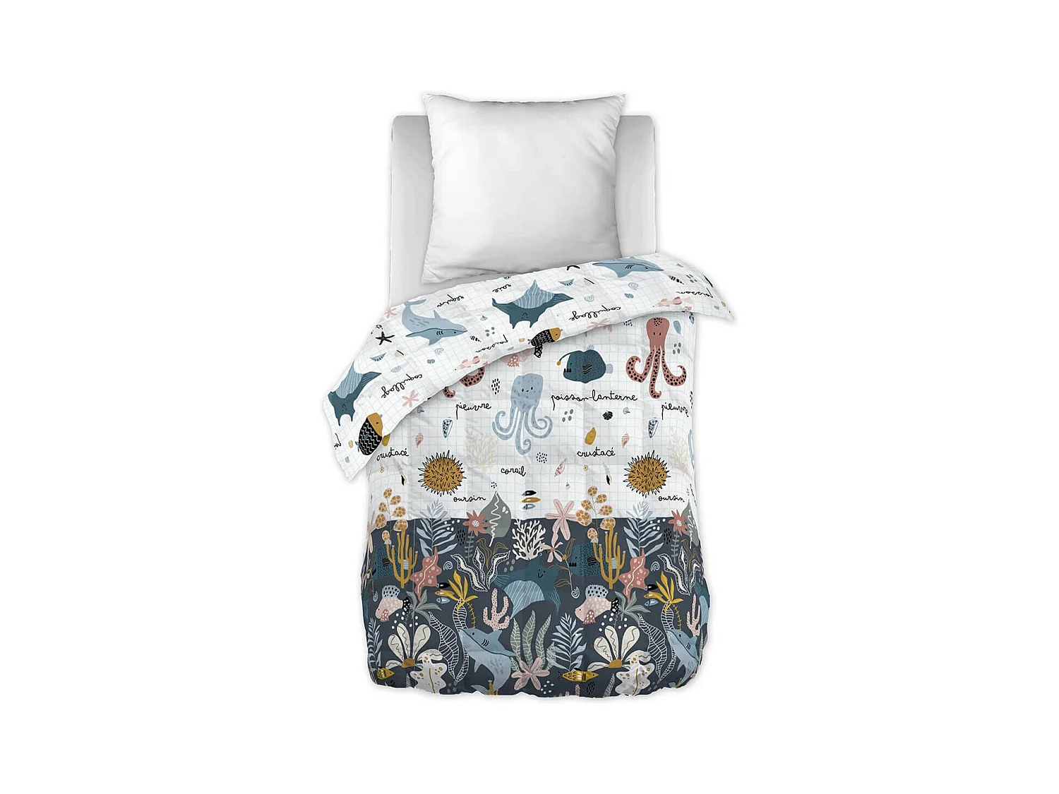 NEMO - Couette Imprimée Motifs Océan 140x200 cm + 1 Taie d'oreiller 60x60 cm