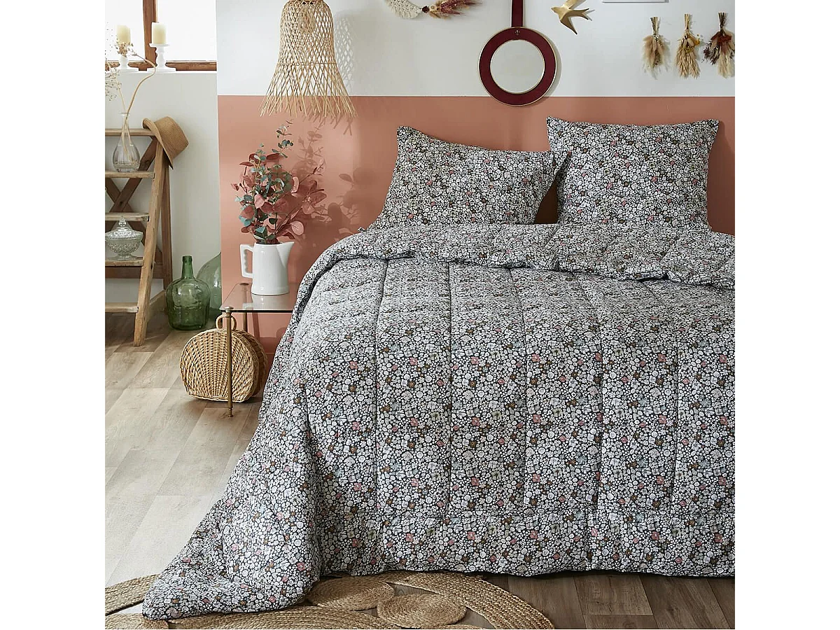 MEGAN - Couette Imprimée Fleurs 140x200 cm + 1 Taie d'oreiller 60x60 cm