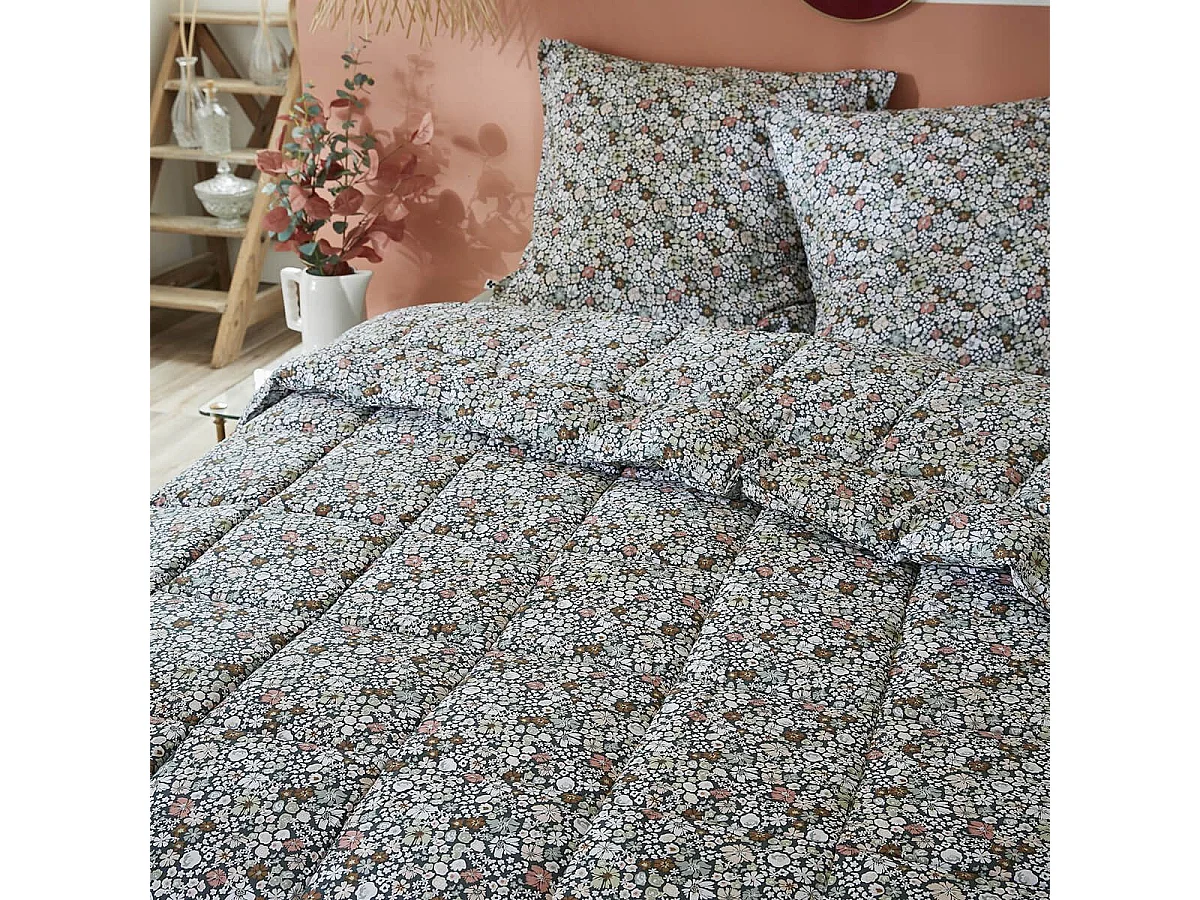 MEGAN - Couette Imprimée Fleurs 140x200 cm + 1 Taie d'oreiller 60x60 cm